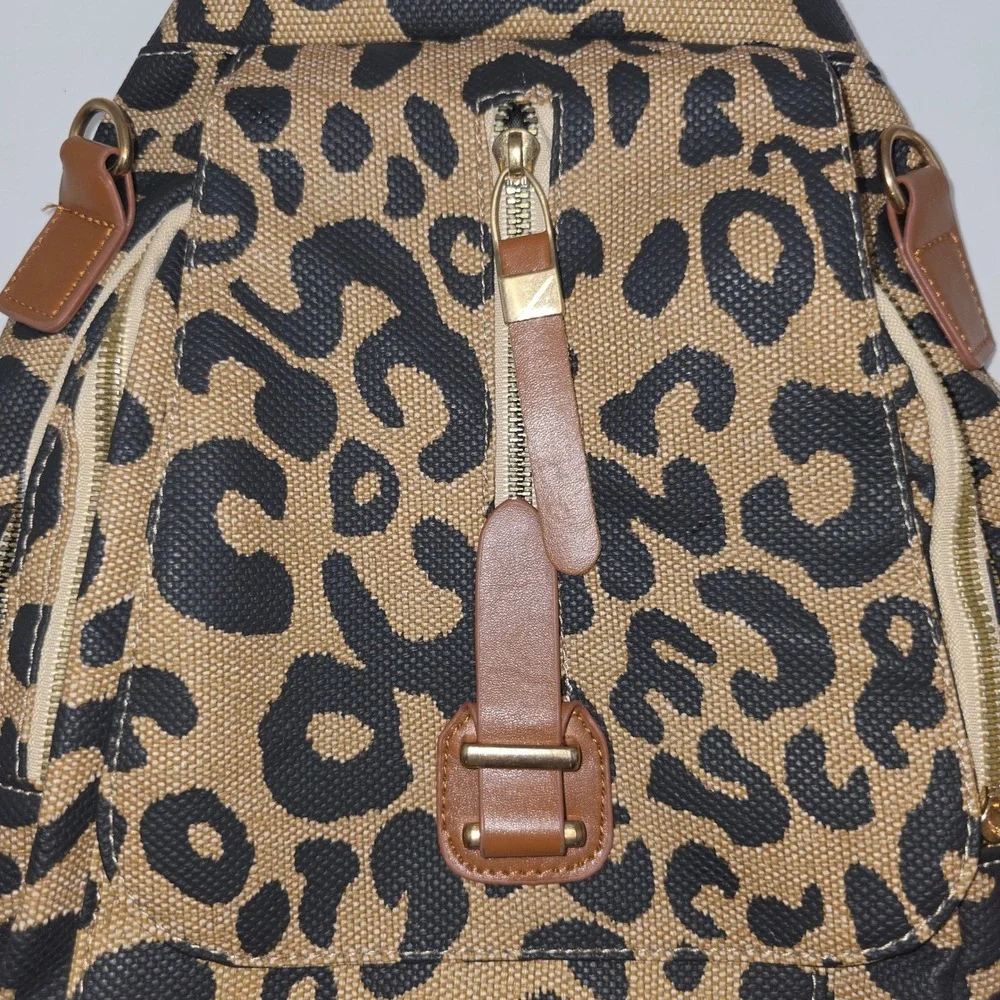 Unbranded Mini Backpack Women OS Leopard Animal Print Faux Leather Trim Gold